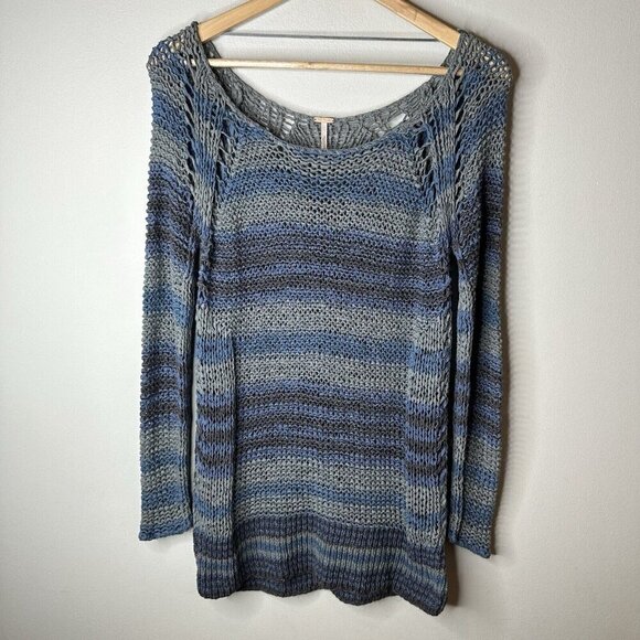 Free People Sweater Womens Small Blue Loose Knit Artsy Crochet Coastal Beachy - Picture 3 of 13